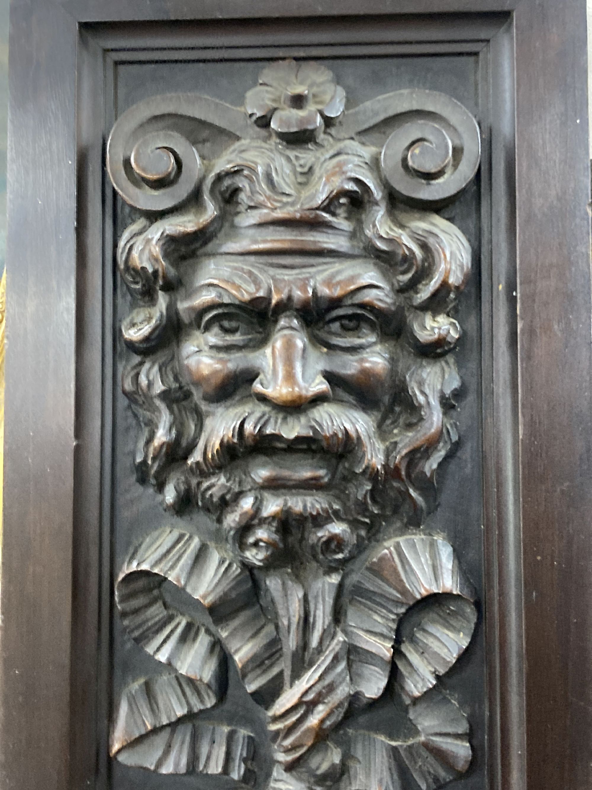 A pair of Austrian carved mahogany cabinet doors, circa 1900, width 25cm, height 192cm